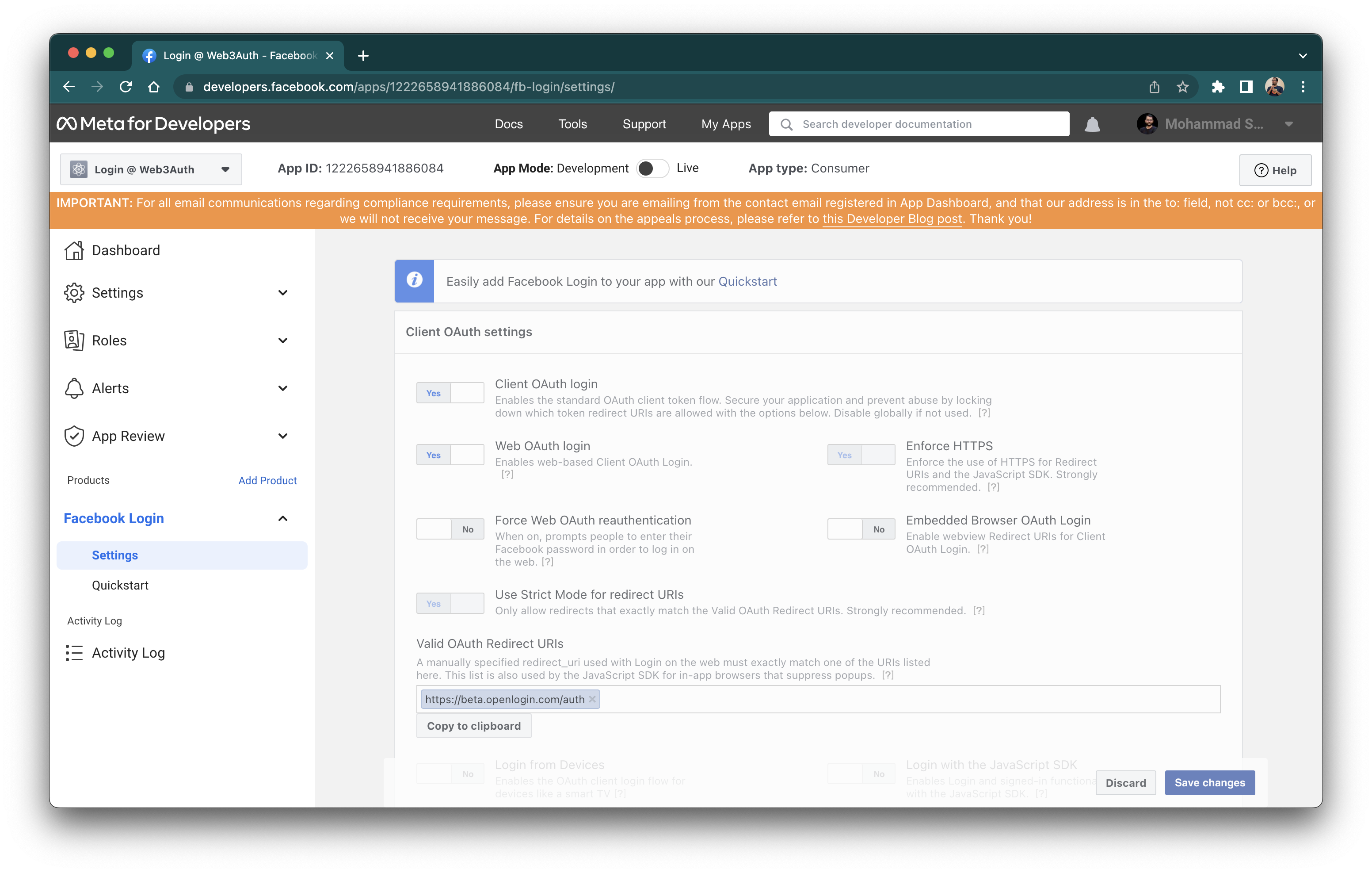 Facebook OAuth2.0 App Dashboard